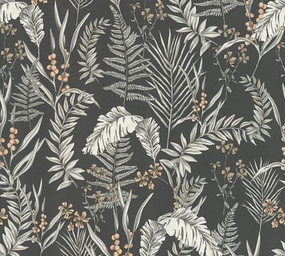 BLOEMETJES EN BLAADJES BEHANG | Planten - Zwart Wit Oranje - Living Walls Drawn Into Nature