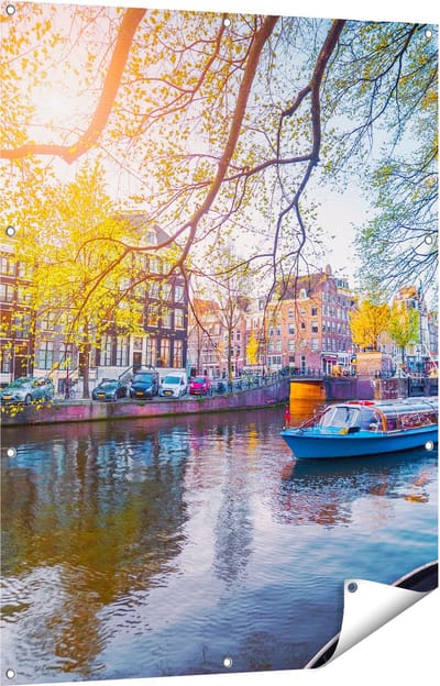 Gards Tuinposter Amsterdamse Gracht tijdens het Voorjaar - 90x120 cm - Tuindoek - Tuindecoratie - Wanddecoratie buiten - Tuinschilderij