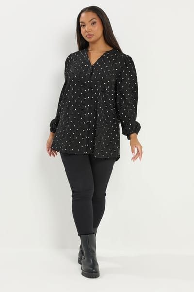 Yours Zwarte Blouse Met Stippen En Inkeping In De Hals Size 42