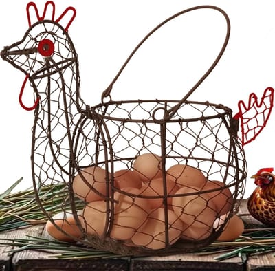 Eier Mand Kip - Rooster Mand - Eieren Verzamelen - Rustieke Stijl - 31.8 x 25.5 x 16.5cm - Roestkleurig