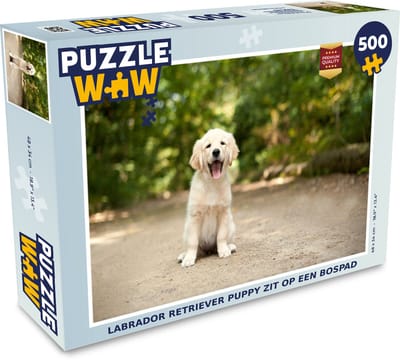 Puzzel Labrador Retriever puppy zit op een bospad - Legpuzzel - Puzzel 500 stukjes