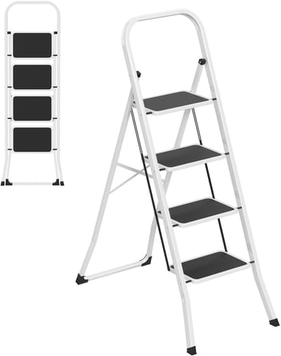 Inklapbare opstapladder 4 treden, robuuste metalen huishoudtrap met extra brede antislip treden, veiligheidsleuning & vloerbeschermende rubberdoppen