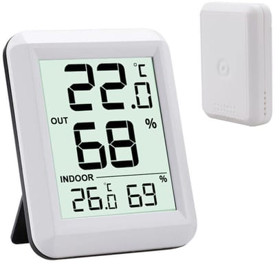 Digitale Hygrometer - Thermometer binnen - Thermometer in huis - Luchtvochtigheidsmeter - Temperatuur en Luchtvochtigheid - Digitaal Weerstation - Vochtigheidsmeter - Binnen & Buiten - Batterijen niet inbegrepen - Wit
