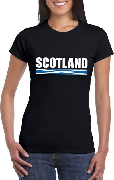 Schotland supporters kleding t-shirt - voor dames - zwart - met vlag kleuren print - korte mouwen S