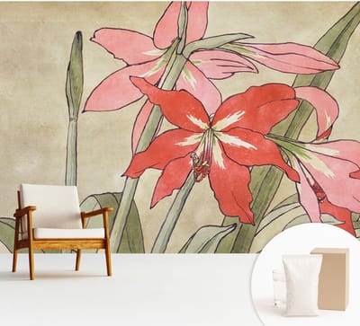 Wallfluent Behang - Dagbloem Vliesbehang - 312x219 cm - Beige Behang - Voor liefhebbers van natuur en oosterse kunst - Behang Voor de woonkamer, slaapkamer en kantoor - Behangrol Bloemen en planten