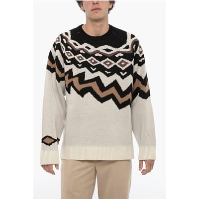 Wollen Boxy Fit trui met ronde hals in beige, Nero