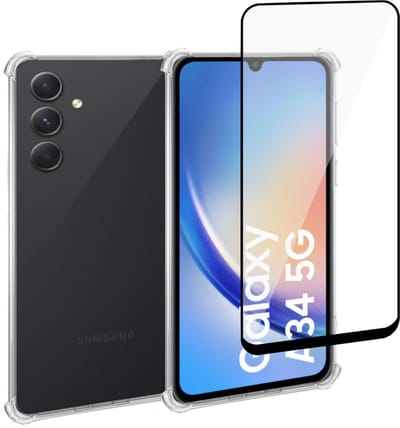 Geschikt voor Samsung A34 Hoesje + Screenprotector – Full Cover Gehard Glas + Shock Proof Case – Transparant