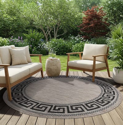 TAPISO Melissa Rond Vloerkleed Buiten & Binnen Zigzag Patroon Modern Tapijt voor Terras Balkon Keuken Bruin Beige Sisal Look Weersbestendig & OEKO-TEX 120x120