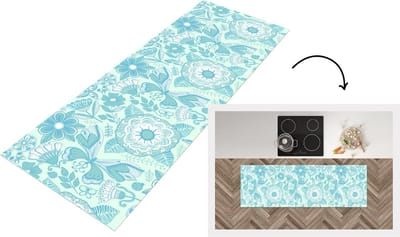 Keukenloper - Loper keuken - Bloemen - Blauw - Wit - Patroon - 150x50 cm - Keukenloper vinyl