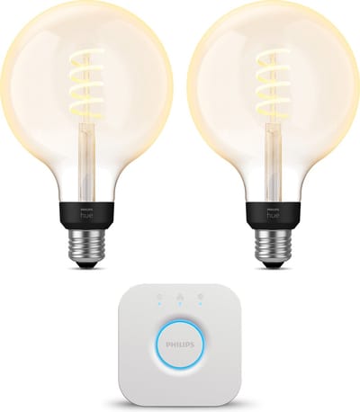 Philips Hue Starterspakket - E27 - met 2 Filament Globelampen Groot (G125) - Warm tot Koelwit Licht - Incl. 1 Hue Bridge - Hue White Ambiance Filament