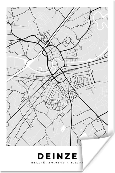 Poster Kaart – Plattegrond – Stadskaart – Deinze – België – Zwart Wit - 120x180 cm XXL