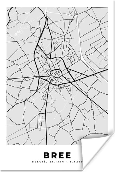 Poster Stadskaart – Plattegrond – België – Zwart Wit – Bree – Kaart - 120x180 cm XXL