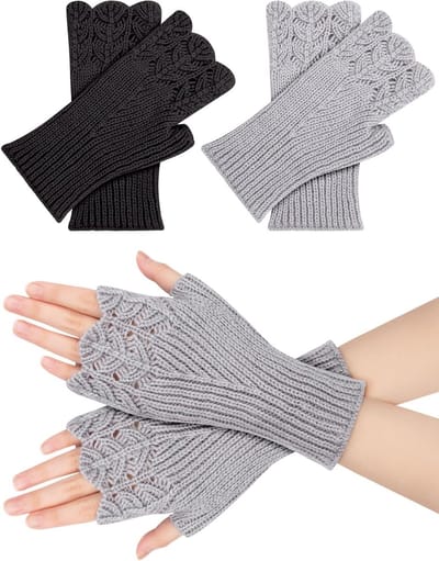 Vrouwelijke vingerloze handschoenen voor de winter - Warme gebreide polswarmers voor dames en meisjes (Zwart/Grijs)