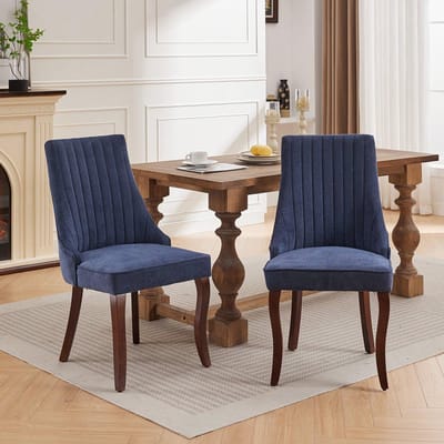 Pugsdrly Eetkamerstoelen van geblokt rayonne Channel-keukenstoelen Comfortabele bijzetstoelen van gestoffeerd materiaal voor de eetkamer met gebogen poten van massief hout, set van 2 (blauw), DE1847BL