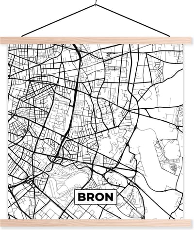 Posterhanger incl. Poster 40x40 cm - Schoolplaat - Bron - Stadskaart - Plattegrond - Kaart - Frankrijk - Zwart wit - Textielposter - Blanke latten - Stadskaart