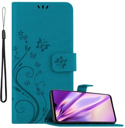 Cadorabo Hoesje geschikt voor Huawei MATE 20 in BLOEMEN BLAUW - Beschermhoes in bloemmotief met magnetische sluiting, standfunctie en kaartsleuven Book Case Cover Etui