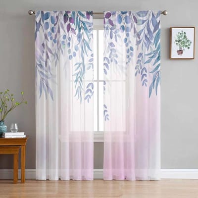 Planten Bloemen Plant Aquarellen Platteland Tule Voile Gordijnen voor Slaapkamer Woonkamer Raamgordijn Transparante Organza Draperieën 135W x 114H(cm) white