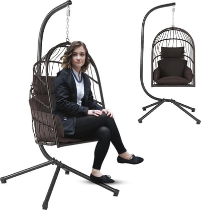 ApexArte® Egg Hangstoel - Hangstoel met Standaard - Chair voor Binnen en Buiten - Bruin