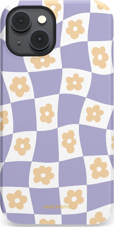 Casetastic hoesje geschikt voor Apple iPhone 14 Plus - MagSafe - Dubbellaagse bescherming - Kronkelende madeliefjes - Fashion Case - Lila Wit Zand Lichtgrijs