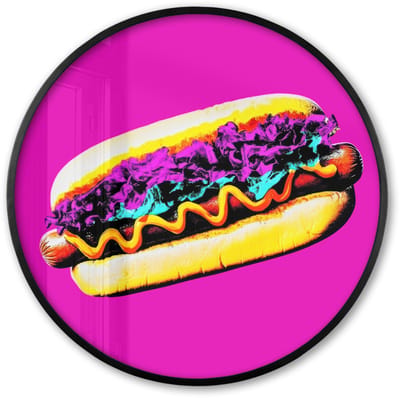 Poster in lijst Rond - Fotolijst 60x60 cm - Posters - Hotdog - Roze - Retro - Ronde posterlijst zwart - Decoratie - Wanddecoratie woonkamer - Muurdecoratie slaapkamer