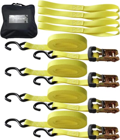 Ratelriemen vastbinden - Spanbanden set - Lading zekeren - Hoge hardnekkigheid polyester - 4 stuks 15 voet - Geel