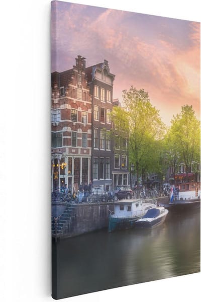 Artaza Canvas Schilderij Amsterdam - 40x60 cm - Wanddecoratie Grachten - Muurdecoratie Zonsondergang - Schilderijen Op Canvas Skyline