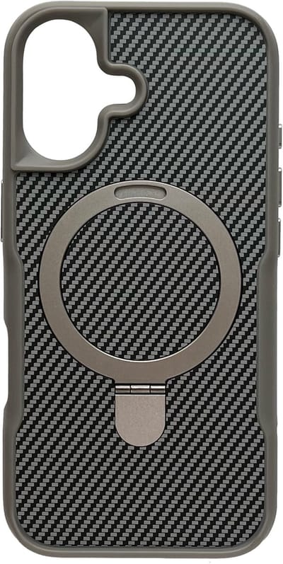 Hoesje Geschikt voor Apple iPhone 16 - Zilver - Geschikt voor MagSafe - Luxe Casemania Carbon Back Cover met Kickstand Ring en Verhoogde Camera Veiligheidsranden