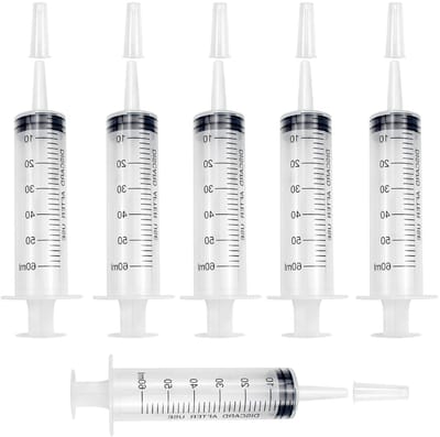 Set van 6 Steriele Plastic Spuiten van 60 ml met Dop voor Laboratoria, Dierlijke Voeding en Vloeistofmeting
