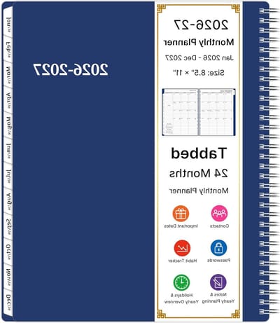Maandplanner 2026-2027 - Agenda Spiraalagenda - Planning Thuis Kantoor - 24 Maanden Tabbladen - 8.5 x 11 Inch - Blauw