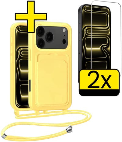 Hoesje Geschikt voor iPhone 17 Pro Telefoonhoesje Met Koord Case Pashouder Met 2x Screenprotector Siliconen - Hoes Geschikt voor iPhone 17 Pro Hoesje Met Kaarthouder - Geel