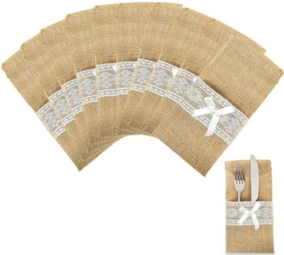 Bestekzakken 10 stuks - Jute met Kant - Vintage Decoratief - Tafeldecoratie - 21 x 11 cm - Duurzaam en Herbruikbaar - Bestekhoezen