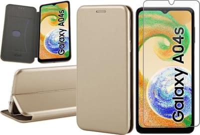 Hoesje geschikt voor Samsung Galaxy A04s / A13 5G - Screen Protector GlassGuard - Book Case Kunstleer ThinShield Goud & Screenprotector