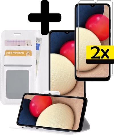 Hoesje - Met 2x Screenprotector - Geschikt voor Samsung Galaxy A02s - Luxe Pasjeshouder - Bookcase Portemonee - Flip Case - Kunstleer Book Case - Flipcase Hoes - Book Cover - Walletcase - Portemonneehoes - Telefoonhoesjes - Wit
