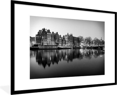 Fotolijst incl. Poster Zwart Wit- Zonsopgang grachten Amsterdam - zwart wit - 120x80 cm - Posterlijst