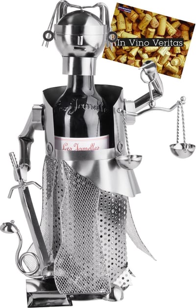 BRUBAKER Wijnfles Houder Justitia Zilver - Metalen Sculptuur Flessenstandaard - Metalen Cijfer Wijn Geschenk voor Advocaten, Rechters, Advocaten, Advocatenkantoor - met Wenskaart - Wijnrek