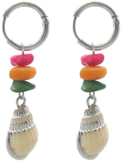 Dames Oorbellen – Kleurrijke Natuursteen & Zeeschelp – 4 cm – Zilver/Multicolor – Nikkelvrij