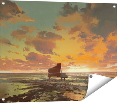 Gards Tuinposter Piano op het Strand bij Zonsondergang - 80x60 cm - Tuindoek - Tuindecoratie - Wanddecoratie buiten - Tuinschilderij