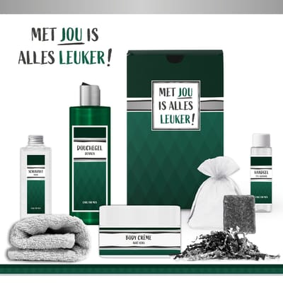 Geschenkset "Met jou is alles leuker!" - 6 Producten - 735 Gram - Triomf Cosmetica | Giftset voor hem Luxe Cadeaubox man Cadeau Vaderdag Verjaardag Wellness Pakket Deluxe Cadeaupakket Verjaardagscadeau Feestje Vader Opa Broer Vriend Collega Groen