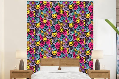 Behang - Fotobehang Patroon - Hippie - Bloemen - Paars - Breedte 225 cm x hoogte 280 cm