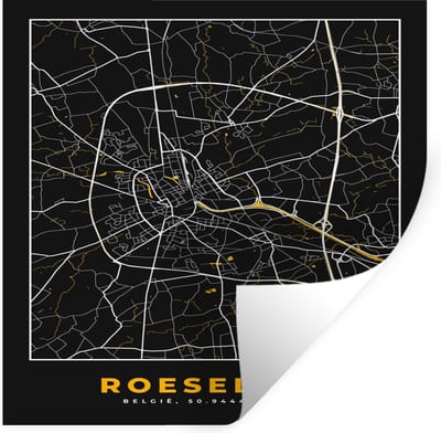 Muurstickers - Sticker Folie - Roeselare - Kaart - Goud - Stadskaart - Plattegrond - 100x100 cm - Plakfolie - Muurstickers Kinderkamer - Zelfklevend Behang XXL - Zelfklevend behangpapier - Stickerfolie