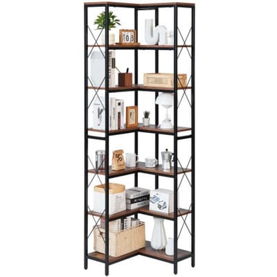 VEVOR 7-laags hoekplank, hoge hoekstandaard, displayplank, opbergrek met metalen frame en houten planken, staande plank (91 kg per laag), displayboekenplank voor slaapkamer, woonkamer, kantoor, bruin
