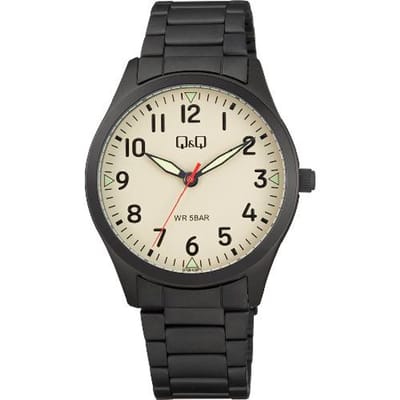 Q&Q-herenhorloge-model q76b-002py-zwart staal-zandkleurige wijzerplaat-duidelijke wijzerplaat-5 bar waterdicht-diameter 39 mm