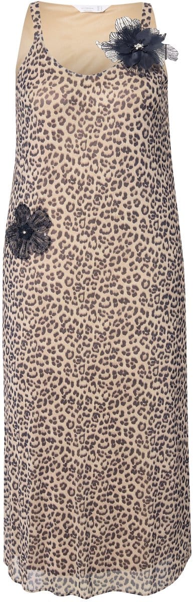 MIAMODA - Dames - Maxi-jurk van mesh A-lijn luipaard 3D-bloemen - Champagnebeige - Maat 52