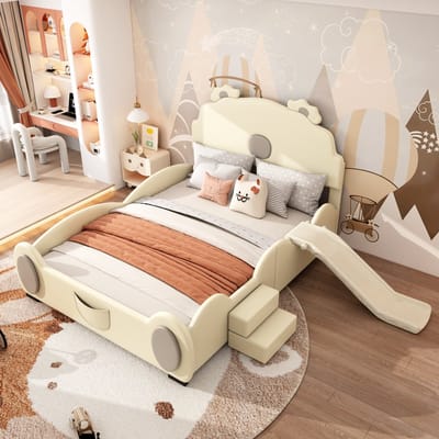 DESMIU Kinderbed 140x200cm - Berenbed Met Glijbaan En Trap - Speelse Kinderkamer - PU En MDF - Beige - Zonder matras