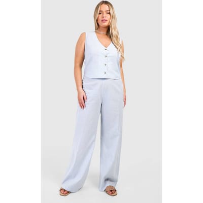 boohoo Dames Plus Geweven Pinstripe Broek met Wijde Pijpen & Vest Co-ord | Blauw | Maat: 54