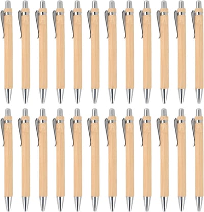 Set van 24 bamboe balpennen met fijne punt 0,5 mm - Duurzaam, zwart, ideaal voor school en kantoor