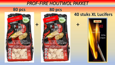 Prof-Fire | 160 Aanmaak Houtkrullen Wokkels & 40 Lange Lucifers - Lange Brandduur - Eco vriendelijk - Ideaal voor BBQ - Vuurschaal - Kachel - Open Haard enz..