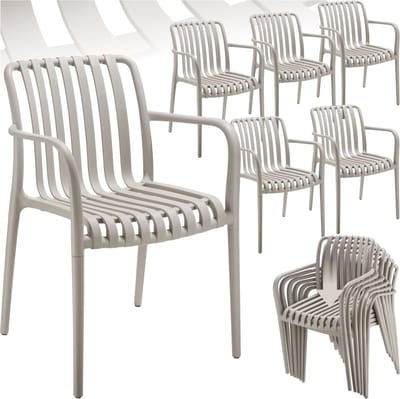 tectake® Set van 6 Tuinstoelen Alcudia - Taupe - Kunststof Stoelen met Armleuning - Tuinset voor om de Tuintafel of op de Camping - Stapelbaar - Stoelen voor Tuin, Terras of Balkon - Weerbestendig en UV-bestendig - Draagkracht 120kg per Tuinstoel