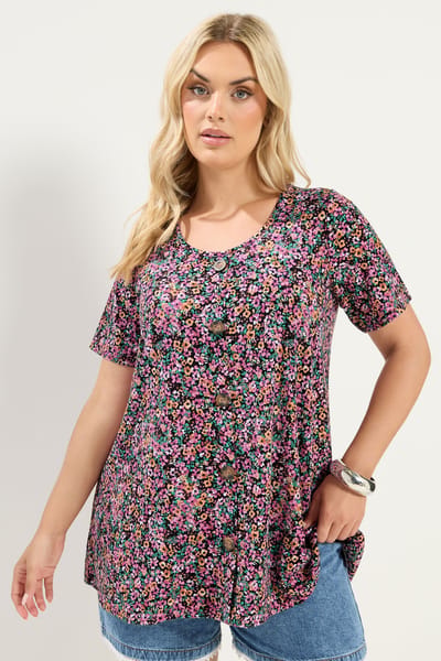Yours Roze Geribbeld Tshirt Met Fijne Bloemenprint En Ribboord Size 42
