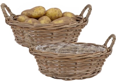 DK Design Plantenmand/aardappelmand tafelmodel - 2x - Ivy - met handvatten - rotan - B35 x H13 cm - binnen/buiten